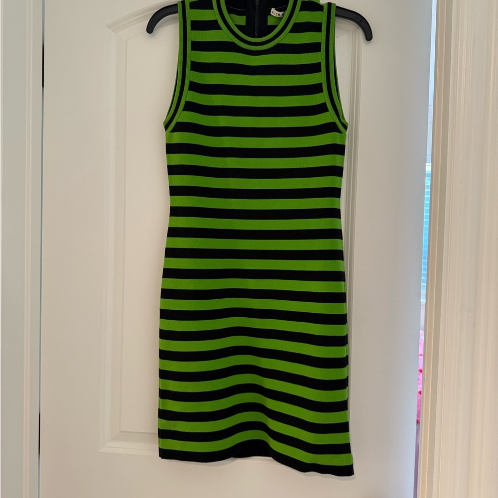 Alice + Olivia Green and Black Striped Mini Dress